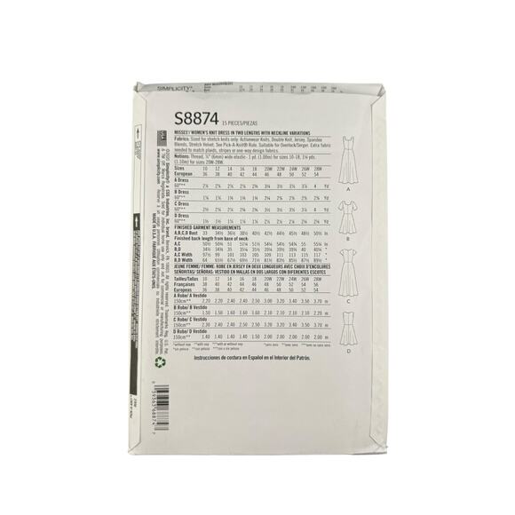 Simplicity Easy-to-Sew Dress Pattern S 8874 BB Size 20W to 28W Brand New - Picture 2 of 2